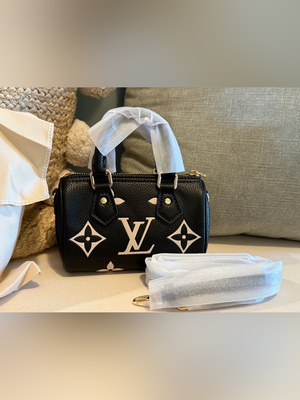 L*V Nano Black Shoulder Bag with Cream Monogram Accents
